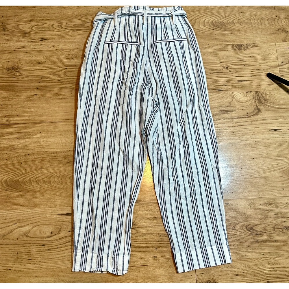 Madewell Striped Paperbag Pants Women 6 Blue White Linen Cotton High Rise Belted - Picture 3 of 12